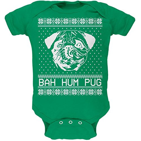 Christmas Bah Hum Pug Kelly Green Soft Baby One Piece