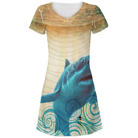 Great White Shark in Waves All Over Juniors V-Neck Dress