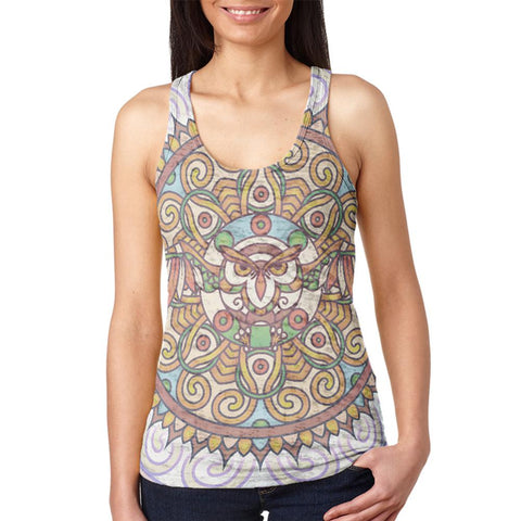 Trippy Owl Mandala Vintage Juniors Burnout Racerback Tank Top