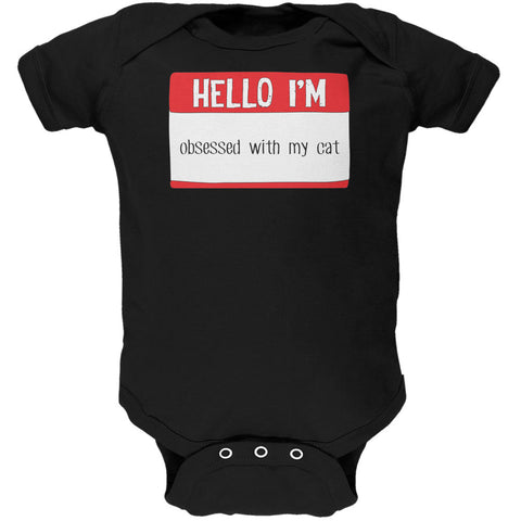 Halloween Hello I'm Obsessed With My Cat Black Text Soft Baby One Piece front view