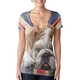 English Bulldog Union Jack Flag Live Forever Juniors Burnout V-Neck T-Shirt