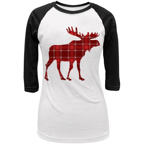 Autumn Plaid Moose Juniors 3/4 Sleeve Raglan T Shirt