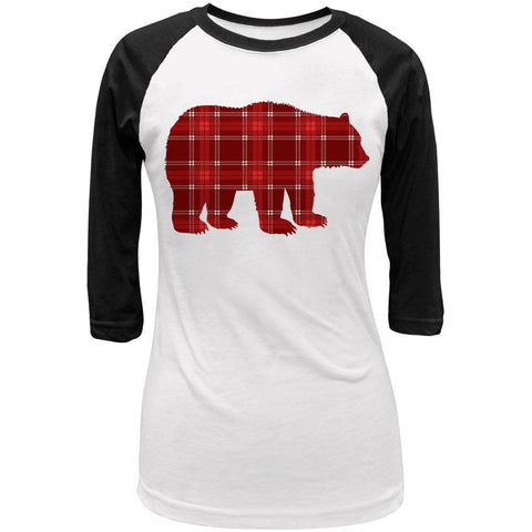 Autumn Plaid Bear Juniors 3/4 Sleeve Raglan T Shirt