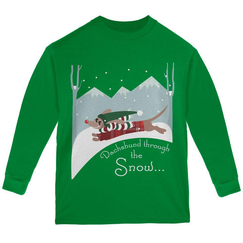 Christmas Dachshund Dashing Through the Snow Youth Long Sleeve T Shirt