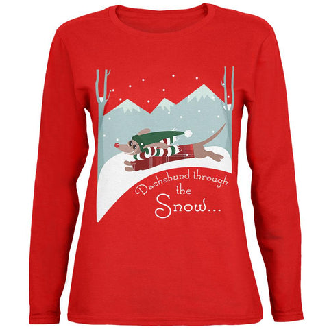 Christmas Dachshund Dashing Through the Snow Womens Long Sleeve T Shirt