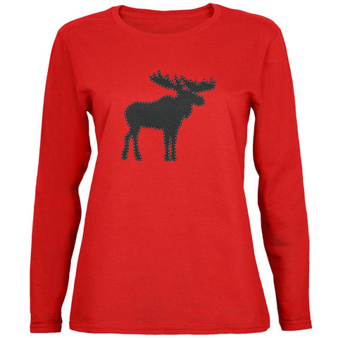 Moose Faux Stitched Womens Long Sleeve T Shirt
