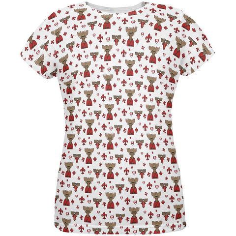 French Canadian Maple Leaf Fleur De Lis Moose Pattern All Over Womens T Shirt