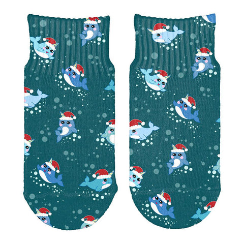 Christmas Narwhals in Santa Hats All Over Toddler Ankle Socks