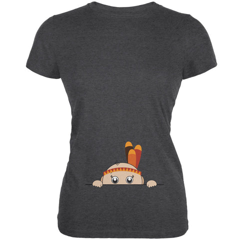 Peeking Baby Thanksgiving Indian Juniors Dark Heather Soft T-Shirt front view