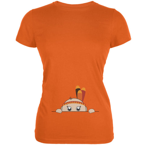 Peeking Baby Thanksgiving Indian Orange Juniors Soft T-Shirt front view