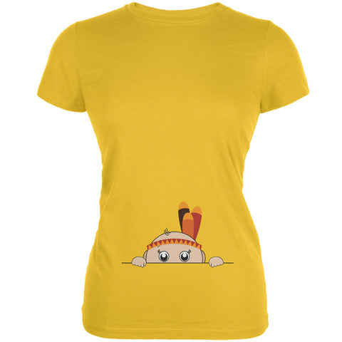 Peeking Baby Thanksgiving Indian Yellow Juniors Soft T-Shirt front view