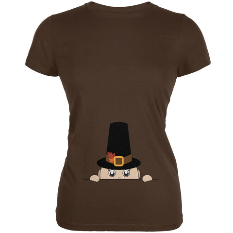 Peeking Baby Thanksgiving Pilgrim Brown Juniors Soft T-Shirt front view
