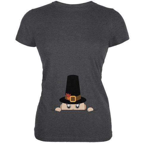 Peeking Baby Thanksgiving Pilgrim Juniors Dark Grey Heather Soft T-Shirt front view