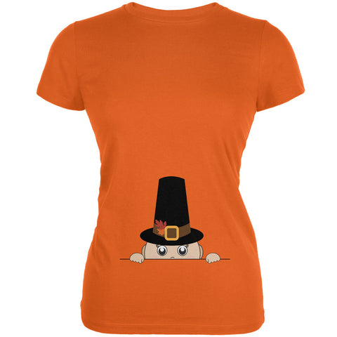 Peeking Baby Thanksgiving Pilgrim Orange Juniors Soft T-Shirt front view