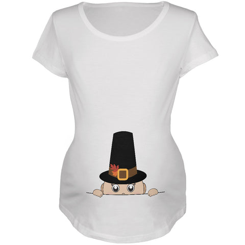 Peeking Baby Thanksgiving Pilgrim White Maternity Soft T-Shirt front view