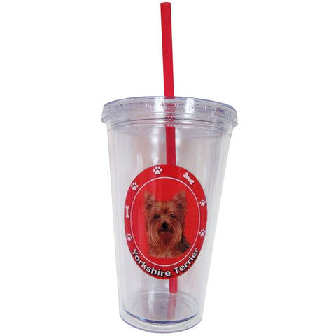 Yorkshire Terrier Profile Circle Plastic Pint Cup With Straw
