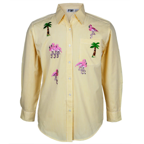 Yellow Stripe Pink Flamingos Men's Button Down T-Shirt