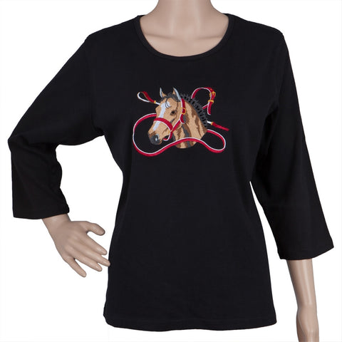Embroidered Horse Equestrian Black T-Shirt