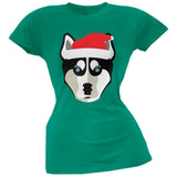 Husky Santa Christmas Juniors Black T-Shirt