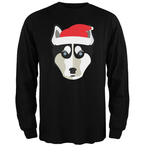 Husky Santa Christmas Black Adult Long Sleeve T-Shirt