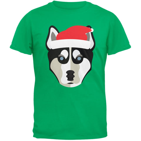 Husky Santa Christmas Green Adult T-Shirt