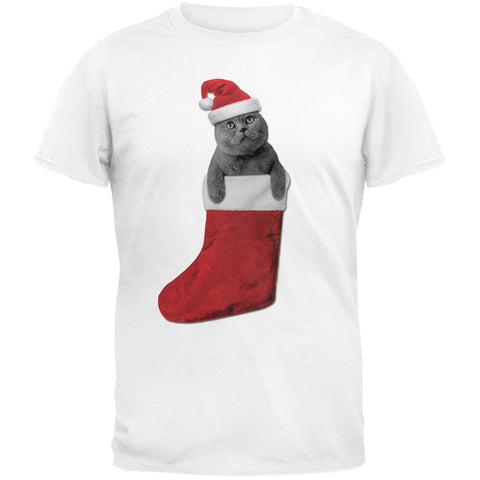 Christmas Stocking Cat White Adult T-Shirt