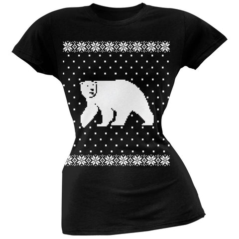 Big Polar Bear Ugly Christmas Sweater Black Soft Juniors T-Shirt
