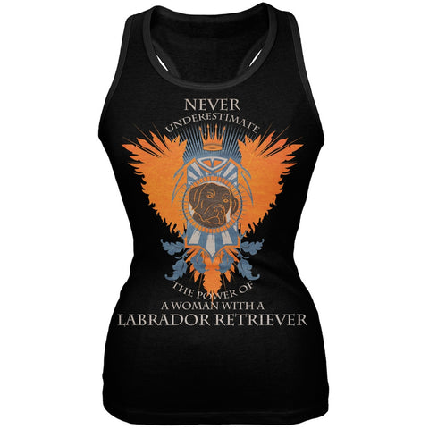 Never Underestimate Woman Power Labrador Juniors Black Tank Top