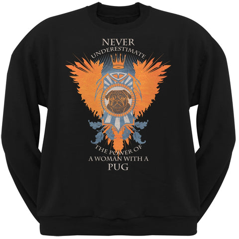 Never Underestimate Woman Power Pug Black Adult Crew Neck Sweatshirt