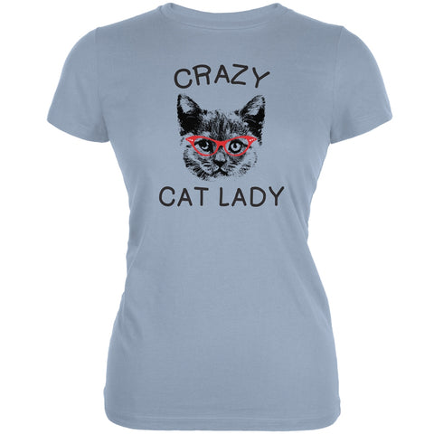 Crazy Cat Lady With Glasses Blue Soft Juniors T-Shirt