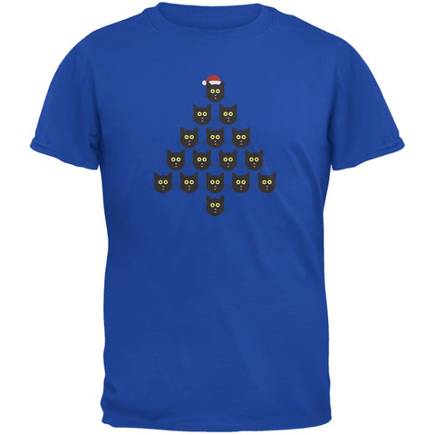 Cat Christmas Blue Tree Adult T-Shirt