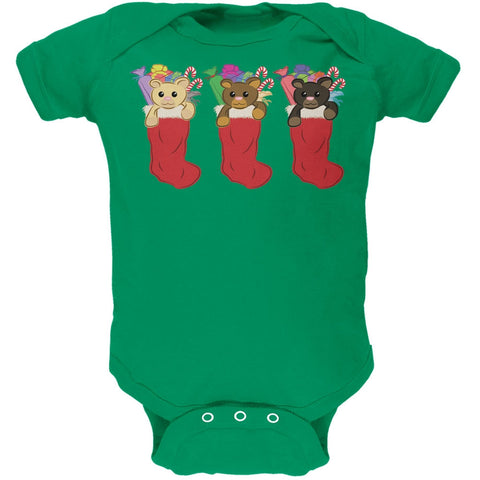 Christmas Stockings 3 Teddies Kelly Green Soft Baby One Piece