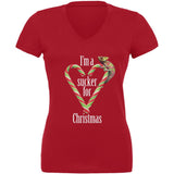 Sucker For Christmas Chameleon Leaf Juniors V-Neck T-Shirt