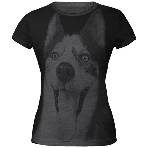 Husky Smile Vintage All Over Dark Heather Juniors Soft T-Shirt