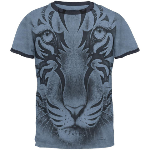 Tribal Tiger Ghost Heather Blue-Navy Men's Ringer T-Shirt