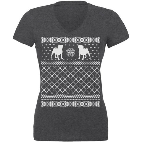 Pug Ugly Christmas Sweater Dark Heather Juniors V-Neck T-Shirt