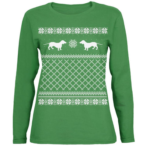 Dachshund Ugly Christmas Sweater Green Womens Long Sleeve T-Shirt