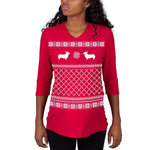 Corgi Ugly Christmas Sweater Red Maternity 3/4 sleeve T-shirt