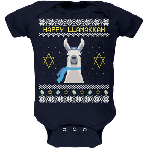 Llama Llamakkah Ugly Hanukkah Sweater Navy Soft Baby One Piece