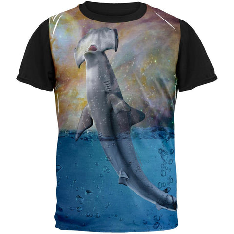 Hammer Head Space Shark Breaching Adult Black Back T-Shirt