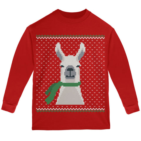 Ugly Christmas Sweater Big Llama Red Youth Long Sleeve T-Shirt