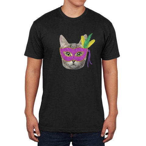 Mardi Gras Mask Funny Cat Black Soft Adult T-Shirt